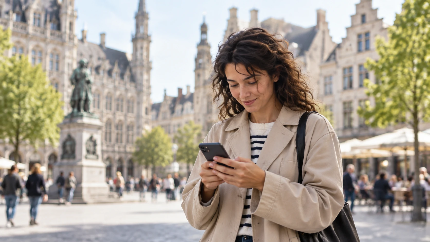 Woman using her phone in a Belgian city square